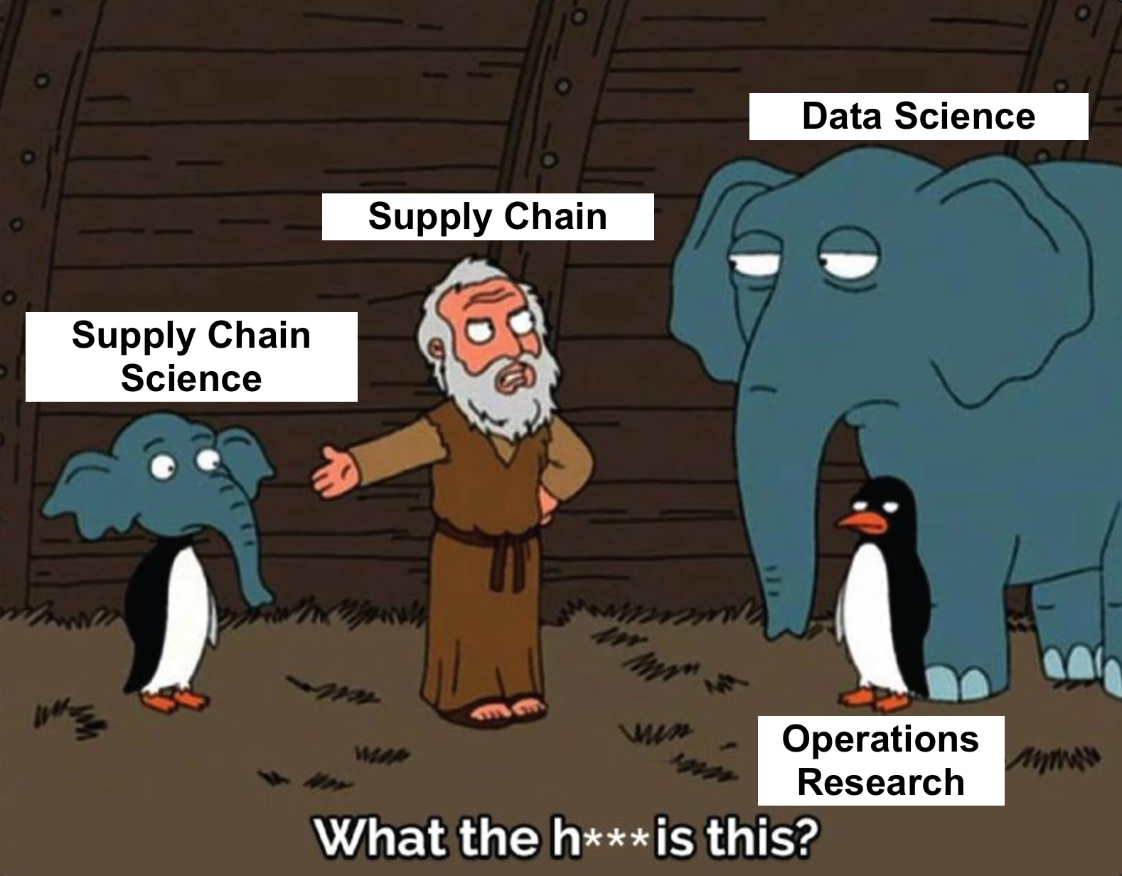 Meme del arca de Noé: supply chain mira sin entender a una cruza de elefante y pingüino, rotulada supply chain science, al lado de un elefante (data science) y un pingüino (operations research).